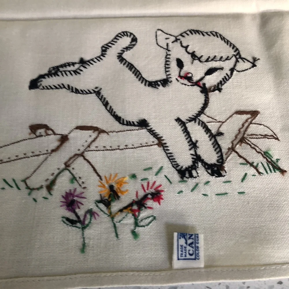 4 vintage hand embroidered canon linen tea towels with baby ducks and baby lamb